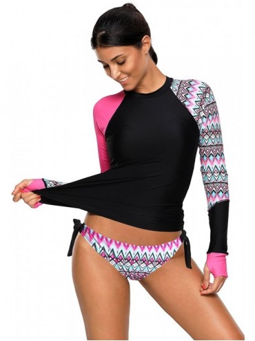 Rash Guards Womens Print Long Sleeve Color Block Tankini Rashguard Swimsuit Shirt Sets Surf Suit Swimwear - 485-pink - C818R0...