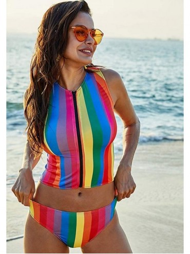 Cover-Ups Women's 2 Pieces Zip Front Tankini Top with Thong Bikini Set Surf Rashguard Swimsuits Bathing Suit - Rainbow - CB19...
