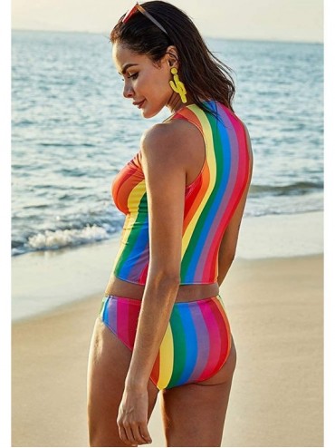 Cover-Ups Women's 2 Pieces Zip Front Tankini Top with Thong Bikini Set Surf Rashguard Swimsuits Bathing Suit - Rainbow - CB19...