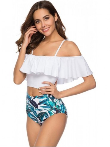 Sets Women Off The Shoulder Ruffle Swimsuit Two Piece Bathing Suits High Waisted Flounce Bikini Set - Leaf - C318Q6LYDXK $32.85