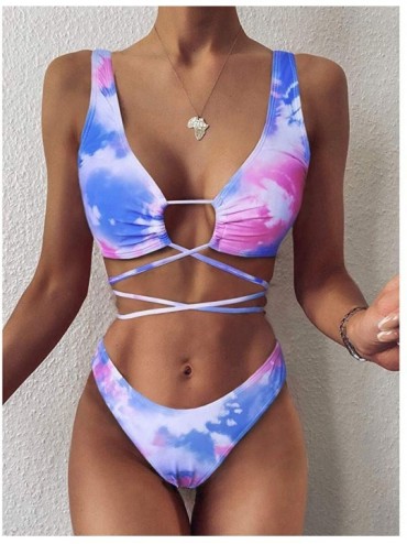 Sets Women's Sexy Bandage Swimsuit Tie-Dye Printed Swimwear High Waist High Cut Calf Two Piece Set Bikini Suit - Pink - C0190...