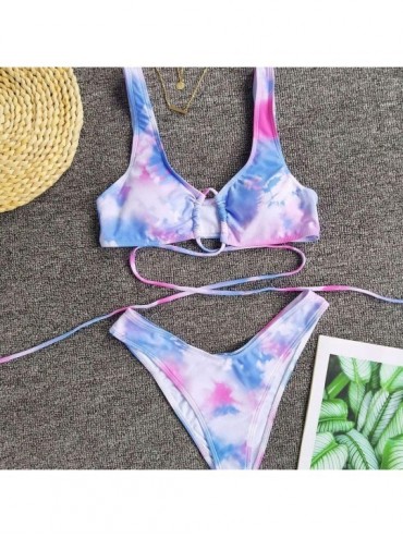 Sets Women's Sexy Bandage Swimsuit Tie-Dye Printed Swimwear High Waist High Cut Calf Two Piece Set Bikini Suit - Pink - C0190...