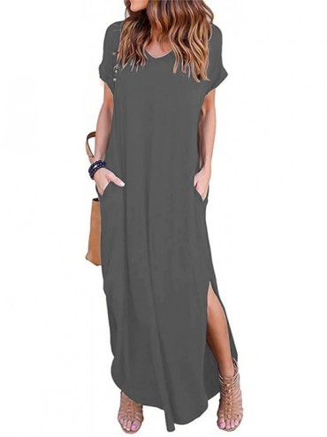 Cover-Ups Women's Short Sleeve V Neck Pocket Casual Side Split Beach Long Maxi Dress - Grey - C518UT8AU0I $27.36