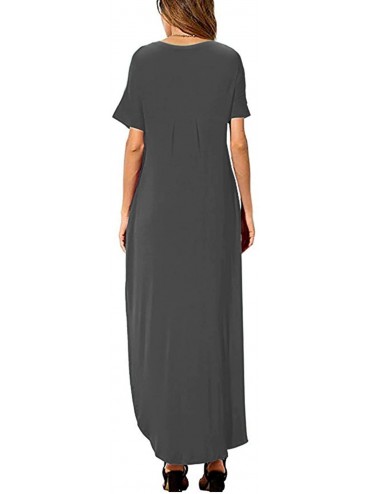 Cover-Ups Women's Short Sleeve V Neck Pocket Casual Side Split Beach Long Maxi Dress - Grey - C518UT8AU0I $27.36