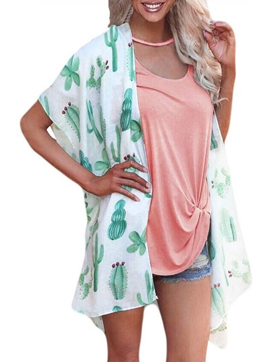 Cover-Ups Women Cardigan for Summer Cactus Print Chiffon Beach Kimono Long Bikini Cover Ups Blouse Shawl Tops Outerwear Green...