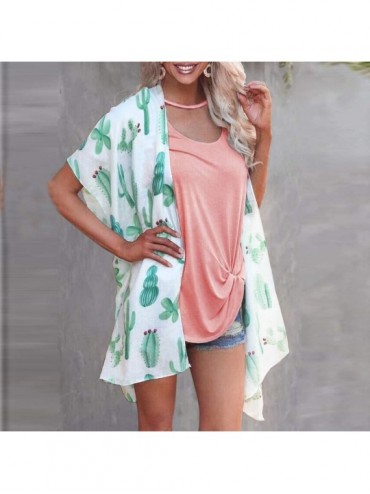 Cover-Ups Women Cardigan for Summer Cactus Print Chiffon Beach Kimono Long Bikini Cover Ups Blouse Shawl Tops Outerwear Green...
