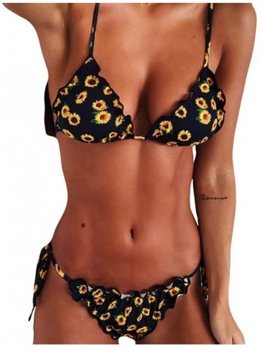 Sets Sexy Bikini Swimwear Womens High Waisted Two Piece Swimsuit Sunflower Print Tankini Brazilian Swimwear - Black - CV194ZA...