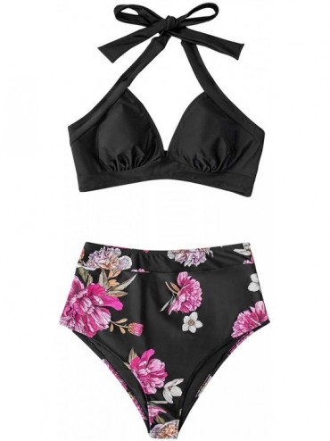 Sets Women's High Waisted Floral Halter Bikini Swimsuit Sets - CK197ZQ4HTH $23.77