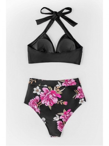Sets Women's High Waisted Floral Halter Bikini Swimsuit Sets - CK197ZQ4HTH $23.77