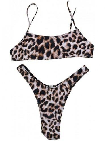 Sets Women's Strap High Cut Two Piece Bandeau Bikini Set - Leopard - CK19DSZHDST $36.34
