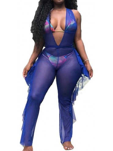 Sets Women See Through Sheer Mesh Bandage Two Piece Bikini Cover Up Hoodie Crop Tops and Legging Pants Blue jumpsuits - CK18H...