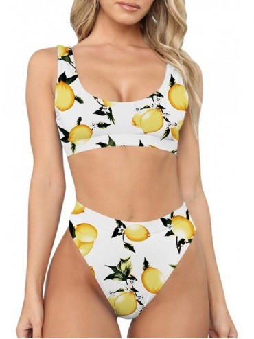 Sets Women's Sexy High Waist Scoop Neck Bikini Swimsuit Bathing Suit - Yellow Lemon - CO18S6QCEGT $52.16