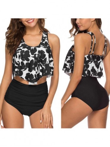 Cover-Ups 2PC Women Bikini Set High Waist Swimsuit Floral Print Bathinsuit Beach Swimwear - Black a - C91962C3439 $43.16
