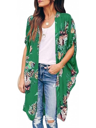 Cover-Ups Womens Oversized Floral Kimono Cardigans Summer Casual Batwing Sleeve Shawl Chiffon Open Front Cover up - Green - C...