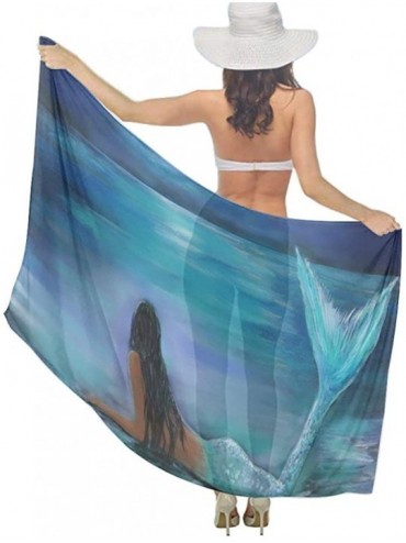 Cover-Ups Women Chiffon Scarf Summer Beach Wrap Skirt Swimwear Bikini Cover-up - Mermaid Moon and Stars Painting Art - CG190H...