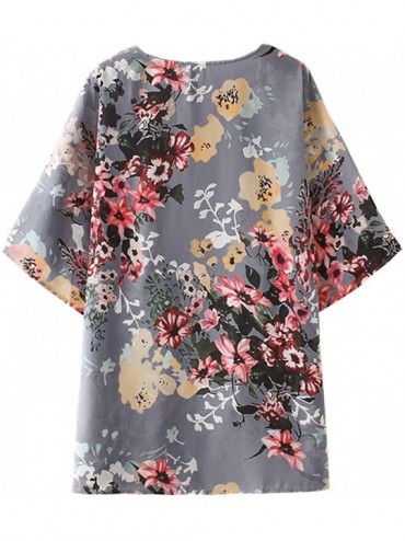 Cover-Ups Womens Beach Kimono Cardigan Chiffon Floral Print Short Cover up - Grey - CB18W7XQA7Y $12.32