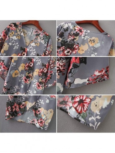 Cover-Ups Womens Beach Kimono Cardigan Chiffon Floral Print Short Cover up - Grey - CB18W7XQA7Y $12.32