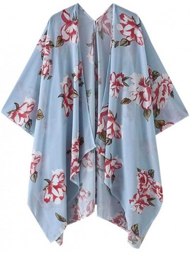 Cover-Ups Women Floral Kimono Cardigan Bikini Cover Ups Open Front Chiffon Tops - Light Blue - CY195WOE50A $12.82