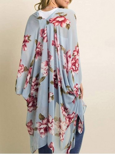 Cover-Ups Women Floral Kimono Cardigan Bikini Cover Ups Open Front Chiffon Tops - Light Blue - CY195WOE50A $12.82