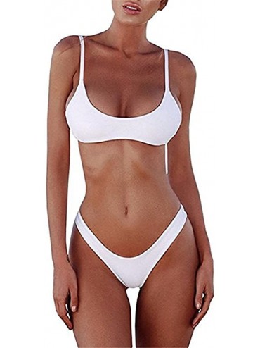 Sets Womens Scoop Neck Two Piece Bikini Swimsuit Sexy Push Up High Cut Thong Brazilian Bathing Suit - White - CJ18QNC2RYL $17.68