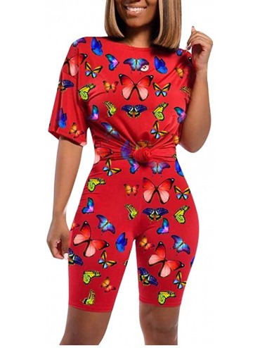 Board Shorts Women's Fashion Summer Butterfly Print Tops Slim Short Pants Sport Set - Red - CV196SYD7WN $44.14