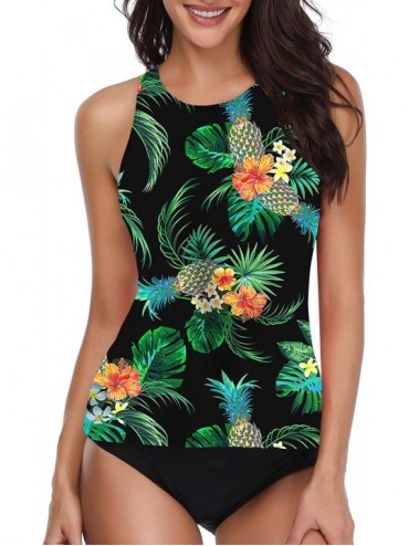 Tankinis Women Tankini Swimsuit High Neck Halter Tummy Control Two Piece Bathing Suit - Black Pineapple - CR18XOQC08W $49.38