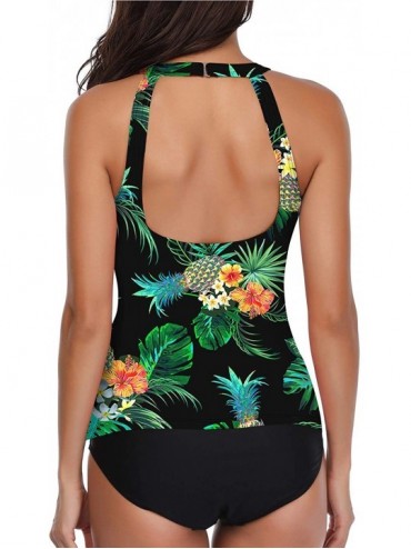 Tankinis Women Tankini Swimsuit High Neck Halter Tummy Control Two Piece Bathing Suit - Black Pineapple - CR18XOQC08W $26.93
