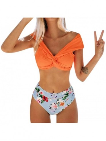 Sets Women's Front Twist Crop Top High Waisted Cheeky Bikini Set Boho Floral Padded - Orange - CT1962HZT9Q $27.75