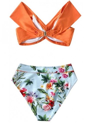 Sets Women's Front Twist Crop Top High Waisted Cheeky Bikini Set Boho Floral Padded - Orange - CT1962HZT9Q $12.97