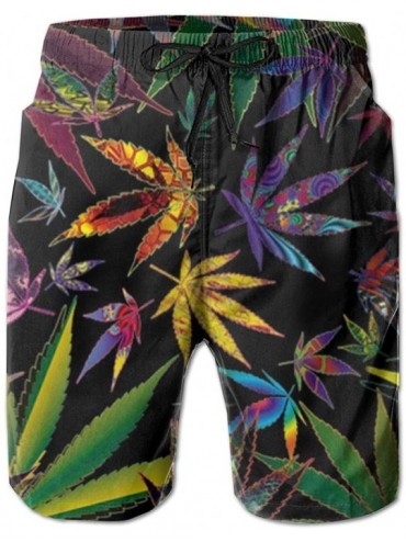 Board Shorts Men Boys Beach Board Shorts Adjustable Drawstring Quick Dry Bathing Suit - Trippy Multi Marijuana Leaf Weed - CM...