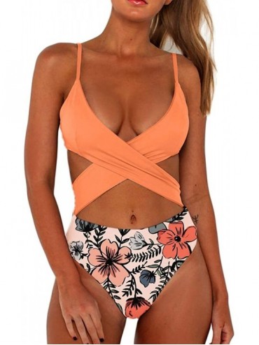 Sets Women's Sexy Criss Cross High Waisted Cut Out One Piece Monokini Swimsuit - Cantaloupe-morning Flory - C0194HQ27R9 $45.70