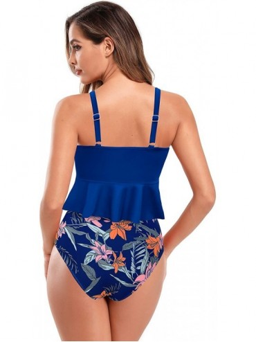 Tankinis Women's Ruffle Peplum Bikini Set High Waisted Swimsuit 2 Piece Tankini - Sapphire - CE197IKZENU $34.63