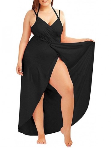 Cover-Ups Plus Size Womens Spaghetti Strap Cover Up Beach Backless Wrap Long Dress - Black - C218QZ6XWDC $24.37