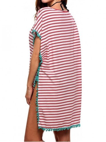 Cover-Ups Women's Newest Striped Tassel Beachwear Bikini Swimsuit Cover up Pullover(S-XXL) - Red - CW184USMS57 $17.39