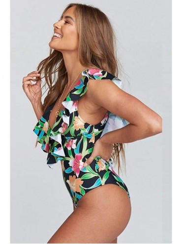 One-Pieces Women's Swimsuit Suit deep v Stripe Monokini Floral One Piece Swimwear Plus Size - S-black - CW18M2RIH7Q $25.68