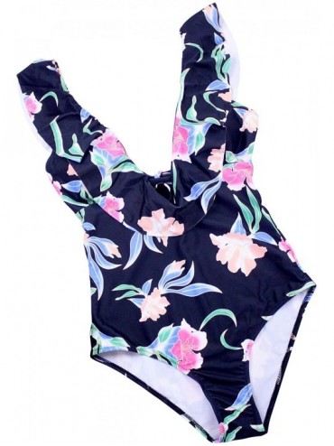 One-Pieces Women's Swimsuit Suit deep v Stripe Monokini Floral One Piece Swimwear Plus Size - S-black - CW18M2RIH7Q $25.68