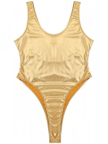 One-Pieces Women's Wet Look Metallic High Cut Holographic Thong Leotard Gymnastics Slim Bodysuit Swimsuits - Gold - CF18G39TH...