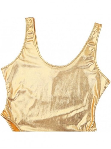One-Pieces Women's Wet Look Metallic High Cut Holographic Thong Leotard Gymnastics Slim Bodysuit Swimsuits - Gold - CF18G39TH...