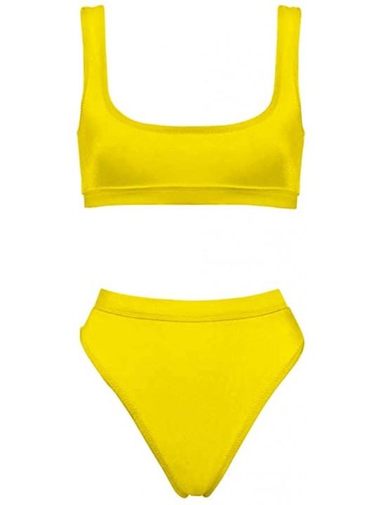 Sets Two Pieces Bikini Sets Sports Crop Top High Waisted High Cut Cheeky Swimsuit - Yellow - C718QHMAOZN $18.12