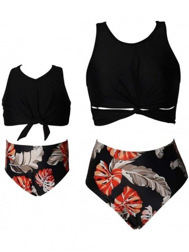 Tops Family Swimwear Floral Printed Two Piece High Waist Sleeveless Tank Top Bikini Suits - Black - C1195T98RLA $20.20