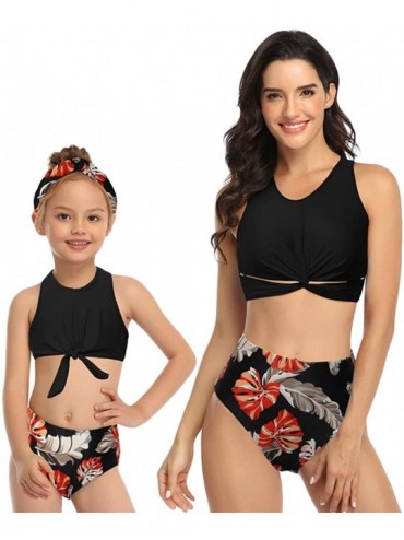 Tops Family Swimwear Floral Printed Two Piece High Waist Sleeveless Tank Top Bikini Suits - Black - C1195T98RLA $20.20