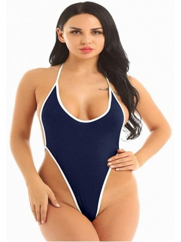 One-Pieces Womens Halter Neck Self-Tie Swimwear One Piece High Cut G-String Thong Bikini Bathing Suit - Navy Blue - CS18Y5GTY...