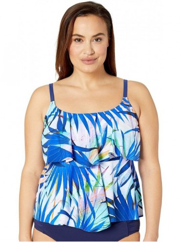 Bottoms Women's 2-Tiered Ruffle Tankini Swimsuit Top- Blue//Palm Party- 10 - CA18HSSZXER $29.44