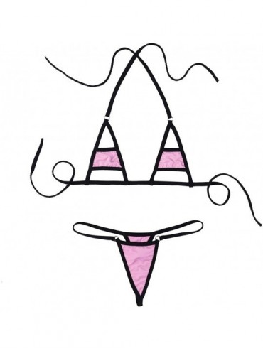 Sets Women's Extreme Bikini Halterneck Bra Top with Tie Side G-String Thongs Sheer Swimsuit Bathing Suit - Pink - CA18U8OE66N...