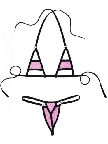Sets Women's Extreme Bikini Halterneck Bra Top with Tie Side G-String Thongs Sheer Swimsuit Bathing Suit - Pink - CA18U8OE66N...