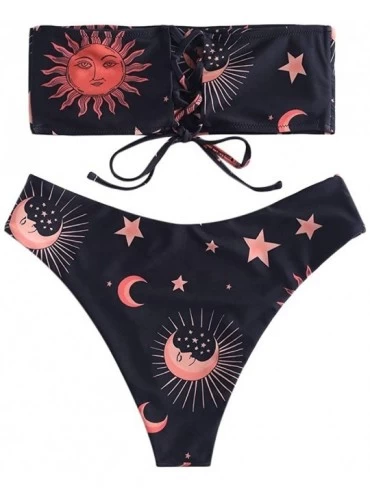 Sets Women's Swimsuits Sun Moon Star Printed Bandeau Bikini Set Lace Up Triangle Bathing Suit Bandeau Style Dark Purple - CS1...