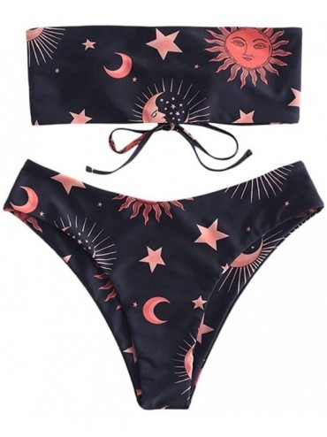 Sets Women's Swimsuits Sun Moon Star Printed Bandeau Bikini Set Lace Up Triangle Bathing Suit Bandeau Style Dark Purple - CS1...