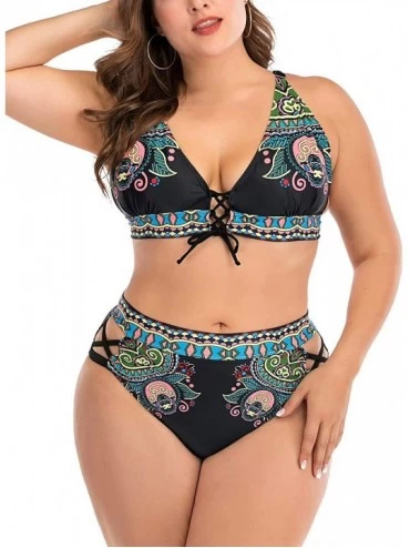 One-Pieces Women's Plus Size Chic Two Pieces/One Piece Swimsuit Cute Modest Bathing Suit - Black Green Floral - CE19468ZMES $...