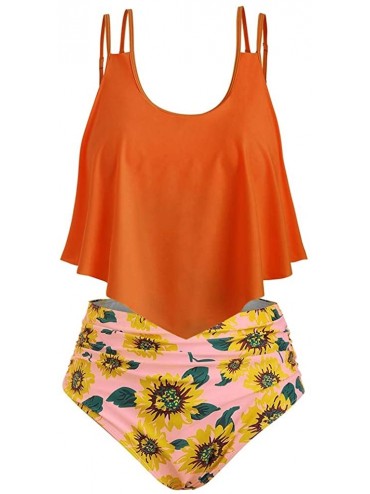 Sets Summer Women's Comfortable and Sexy Sunflower Contrast Overlay Plus Size Tankini Set - Pumpkin Orange - CX18TKDS6DR $41.90