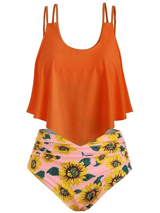 Sets Summer Women's Comfortable and Sexy Sunflower Contrast Overlay Plus Size Tankini Set - Pumpkin Orange - CX18TKDS6DR $24.91